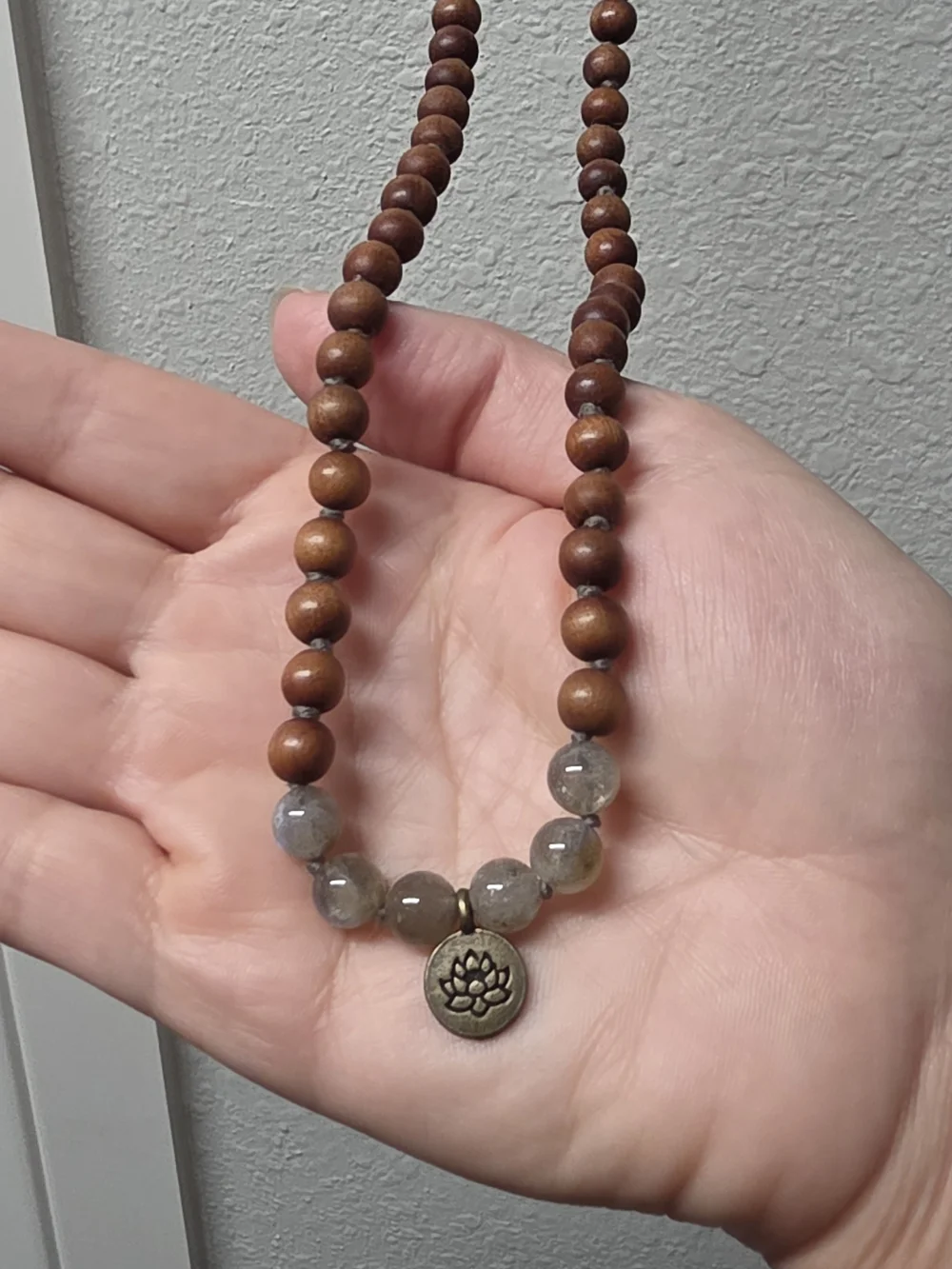 Wood & Labradorite Lotus Mala